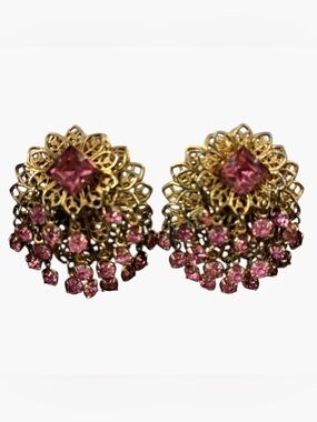 Rare Vintage Gold Filigree Faceted Pink Rhinestone Prong Set Clipon Earrings